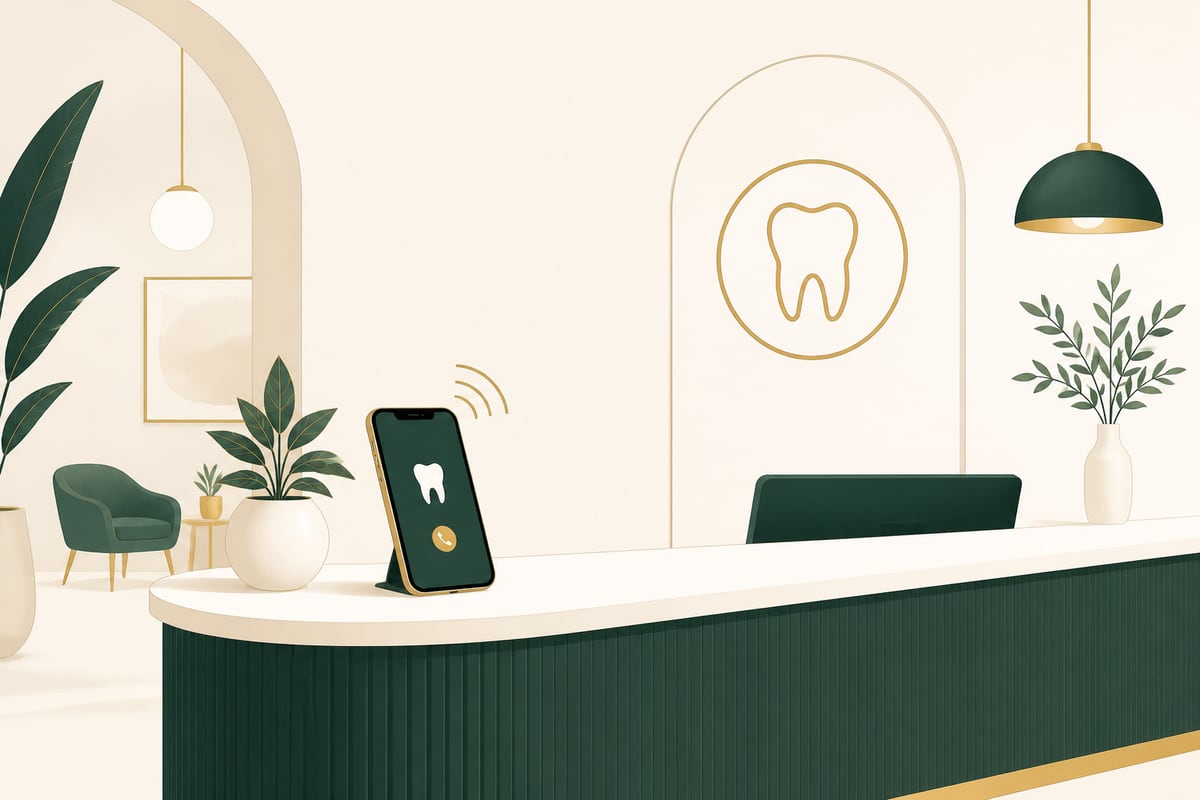 Modern illustration of a dental office front desk with a smartphone and a small tooth icon, green and gold on parchment