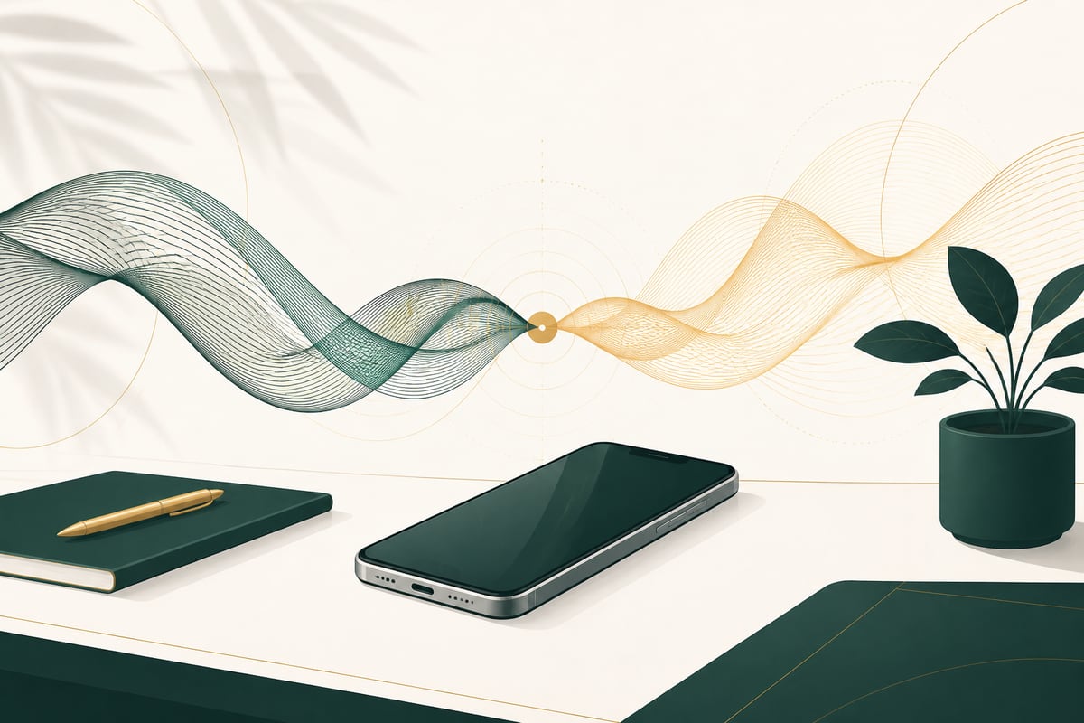 Modern illustration of a smartphone with two flowing ribbons of sound, one green and one gold, on a parchment background