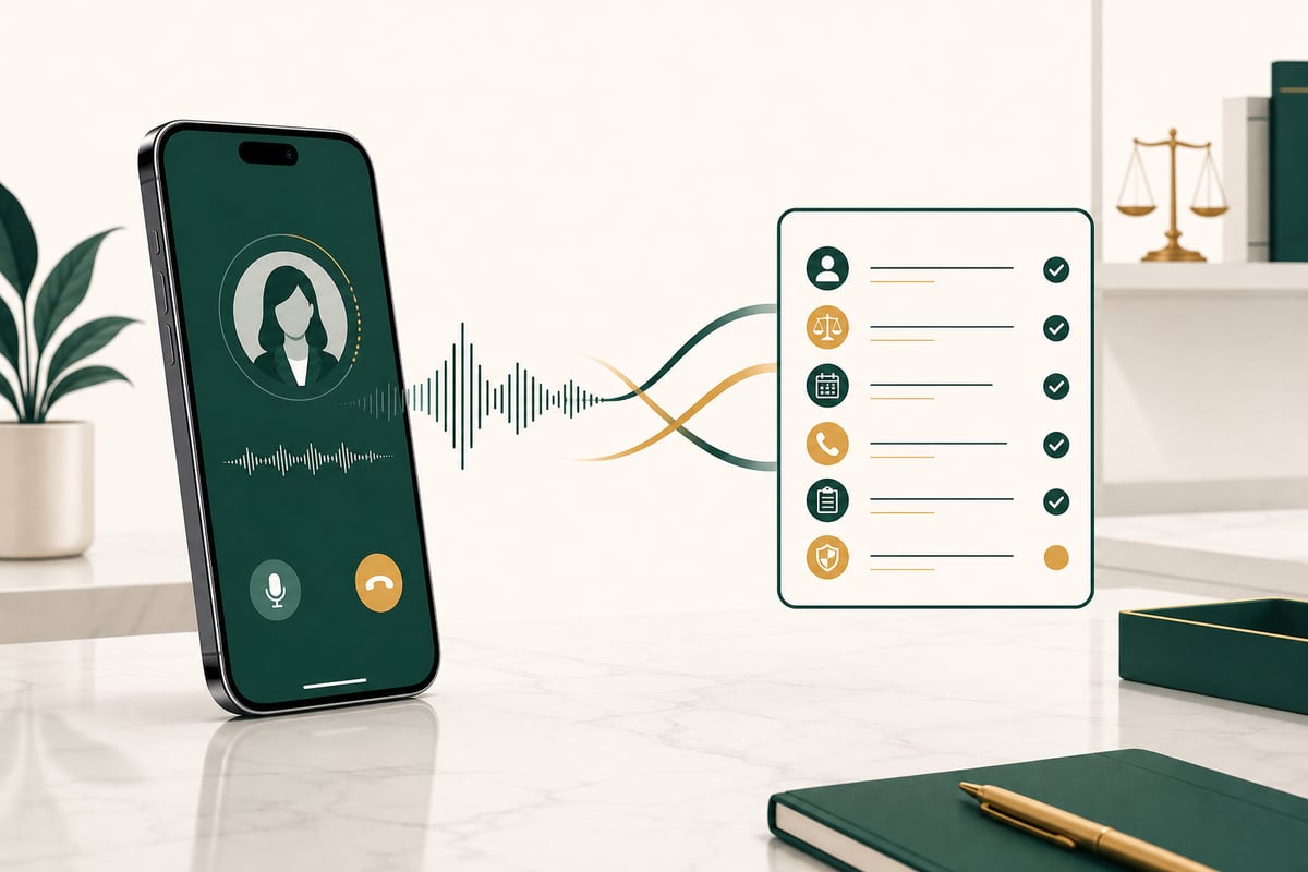 Illustration of a law-office phone call becoming a structured intake summary