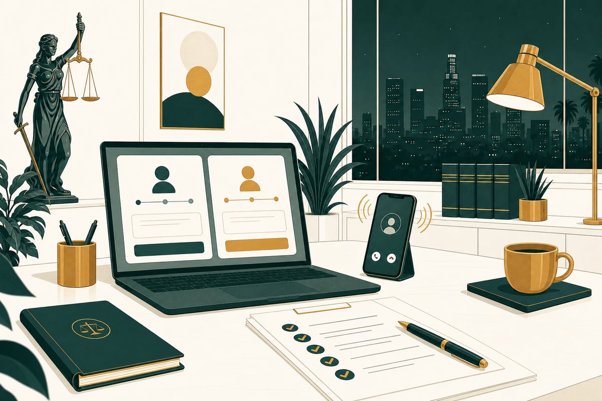 Bilingual after-hours legal intake concept for a Los Angeles law firm, showing a phone, intake checklist, and English-Spanish call flow