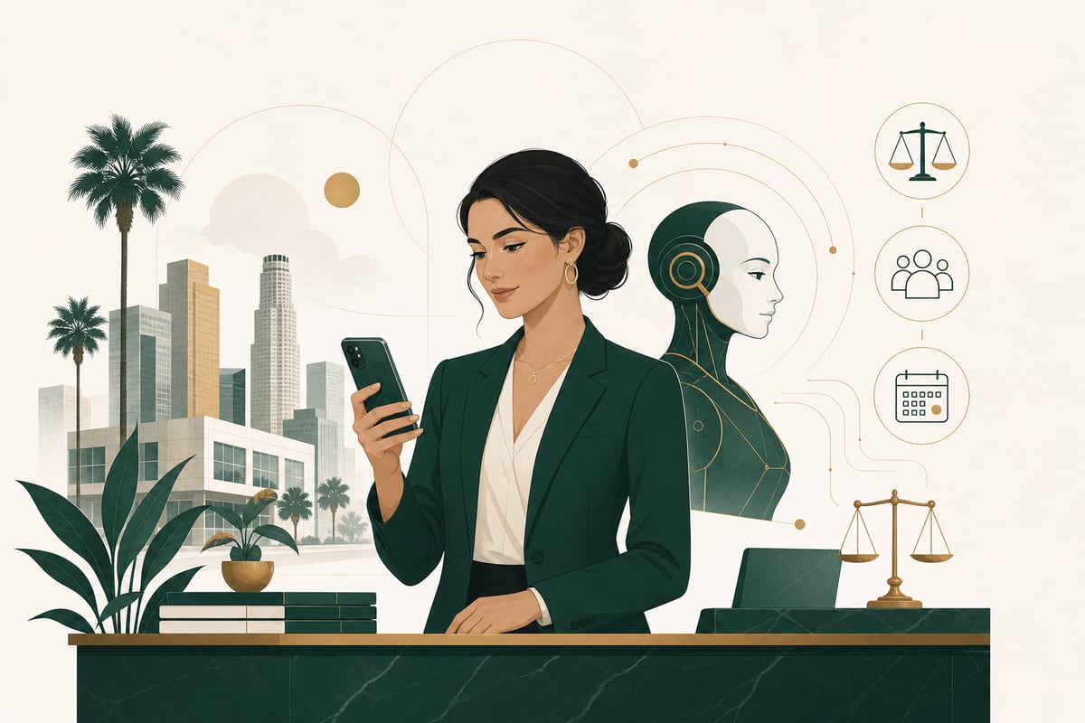 A bilingual law office receptionist screen assisting a caller while an attorney speaks with a client in the background